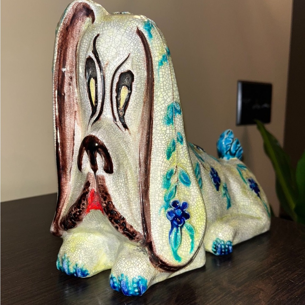 Vintage 60’s MCM Art Pottery Dog Bank Bassett Hound Flowers Boho Decor